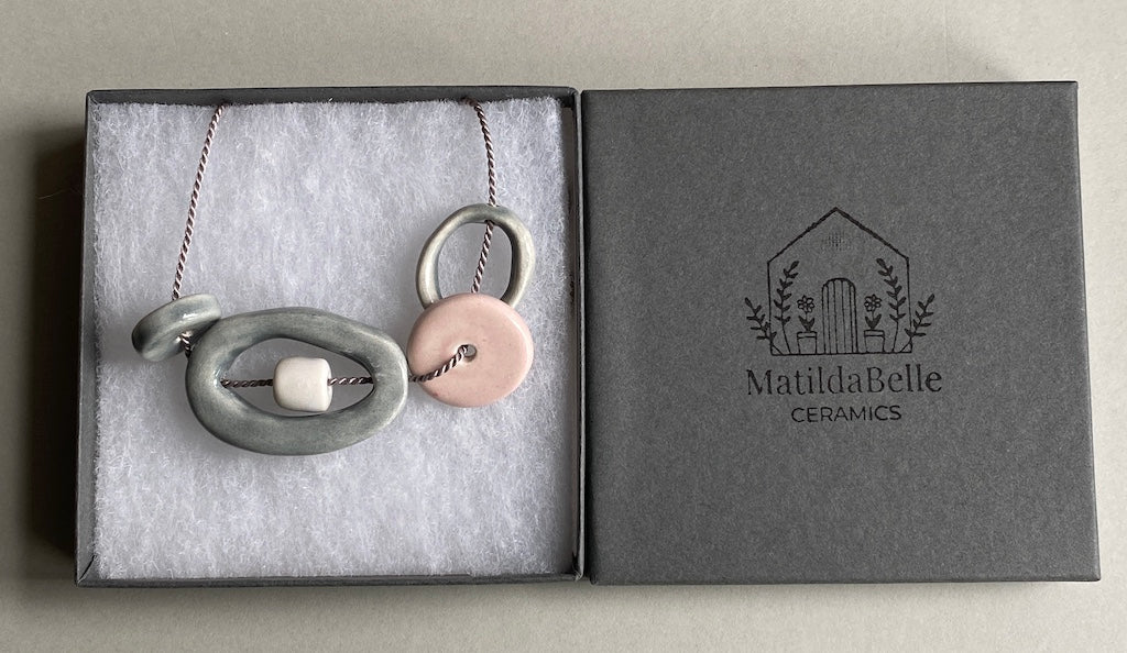 Handmade Ceramic Bead Necklace - Pastel Palette, Grey Silk Cord,