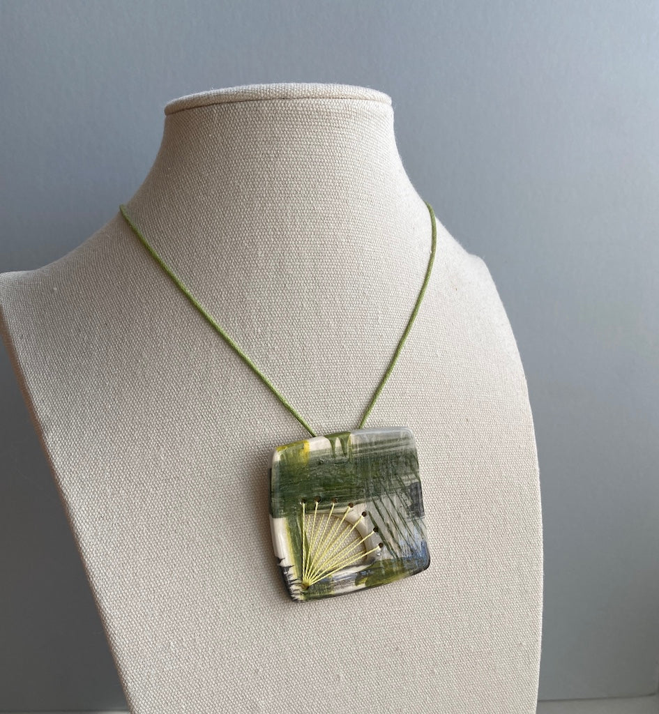 Handmade Ceramic Pendant Necklace - Fresh Spring Zesty Green, Unique Brushstroke Design, Gift-Ready Packaging