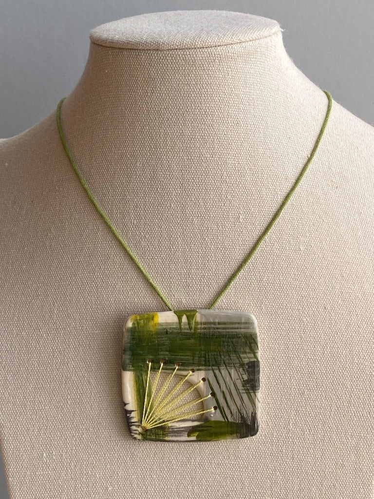 Handmade Ceramic Pendant Necklace - Fresh Spring Zesty Green, Unique Brushstroke Design, Gift-Ready Packaging