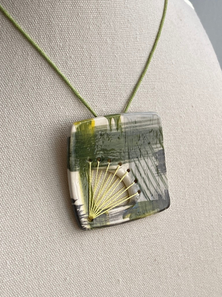 Handmade Ceramic Pendant Necklace - Fresh Spring Zesty Green, Unique Brushstroke Design, Gift-Ready Packaging