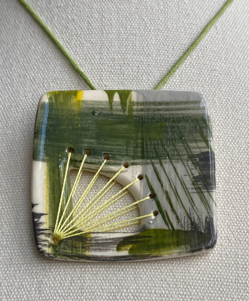 Handmade Ceramic Pendant Necklace - Fresh Spring Zesty Green, Unique Brushstroke Design, Gift-Ready Packaging