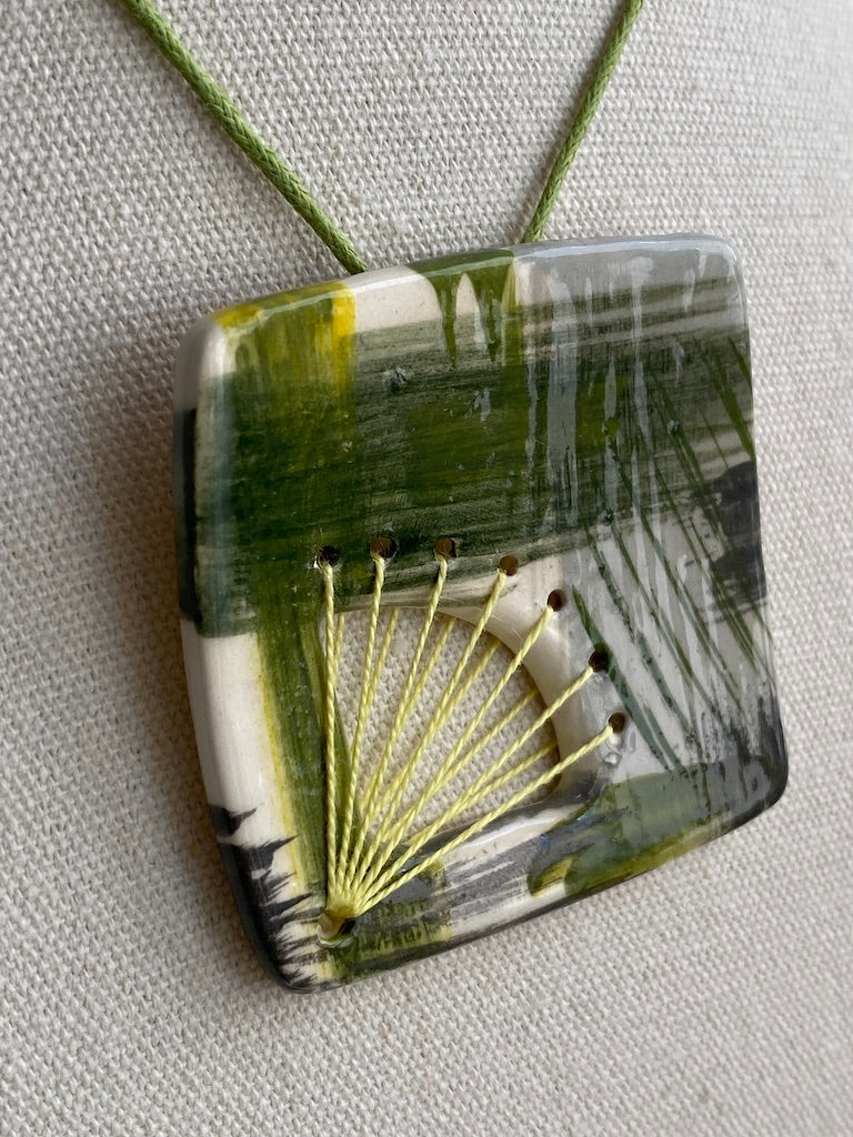 Handmade Ceramic Pendant Necklace - Fresh Spring Zesty Green, Unique Brushstroke Design, Gift-Ready Packaging