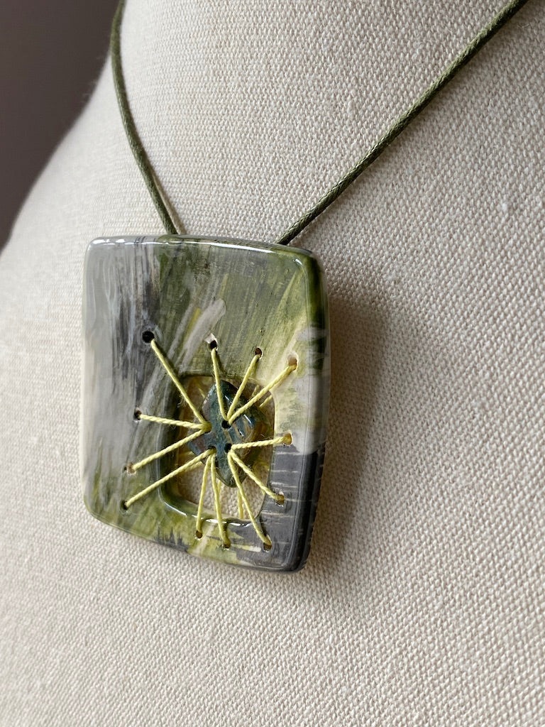 Handmade Ceramic Pendant Necklace Square Green