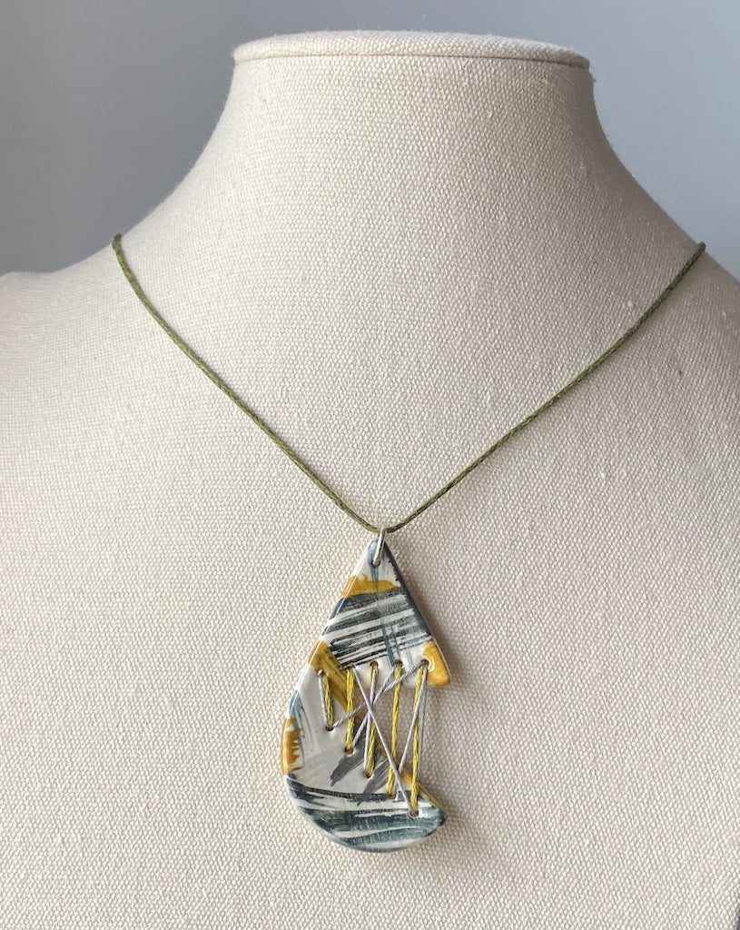 Handmade Ceramic Pendant Necklace Tear Drop - Grey, Black & Ochre *reduced