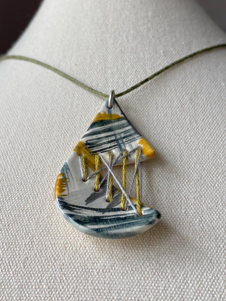 Handmade Ceramic Pendant Necklace Tear Drop - Grey, Black & Ochre *reduced