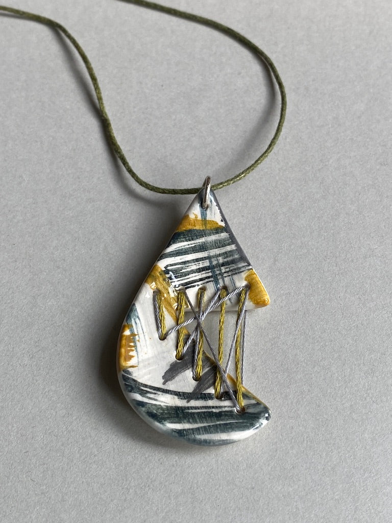 Handmade Ceramic Pendant Necklace Tear Drop - Grey, Black & Ochre *reduced