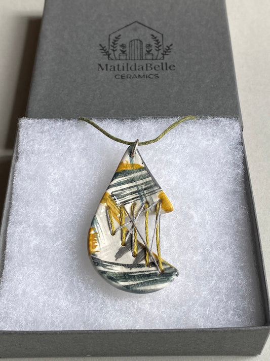 Handmade Ceramic Pendant Necklace Tear Drop - Grey, Black & Ochre *reduced