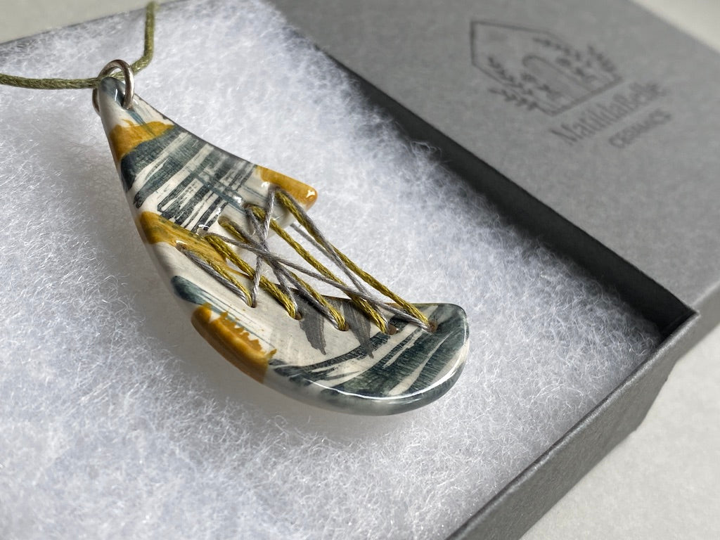 Handmade Ceramic Pendant Necklace Tear Drop - Grey, Black & Ochre *reduced