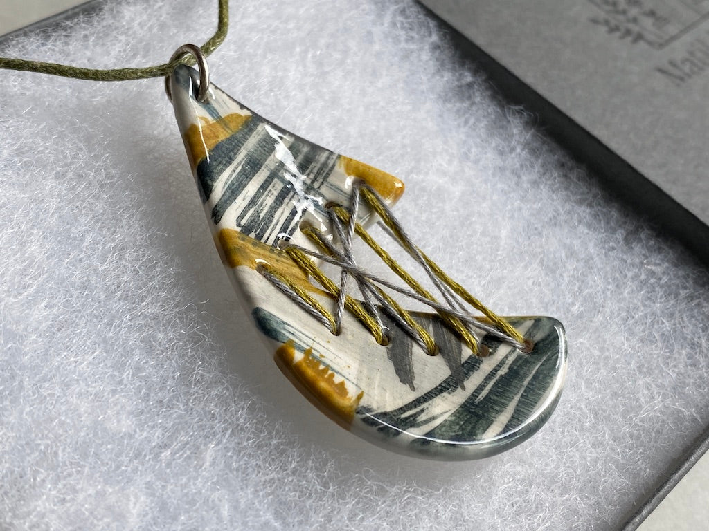 Handmade Ceramic Pendant Necklace Tear Drop - Grey, Black & Ochre *reduced