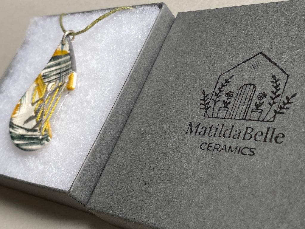 Handmade Ceramic Pendant Necklace Tear Drop - Grey, Black & Ochre *reduced