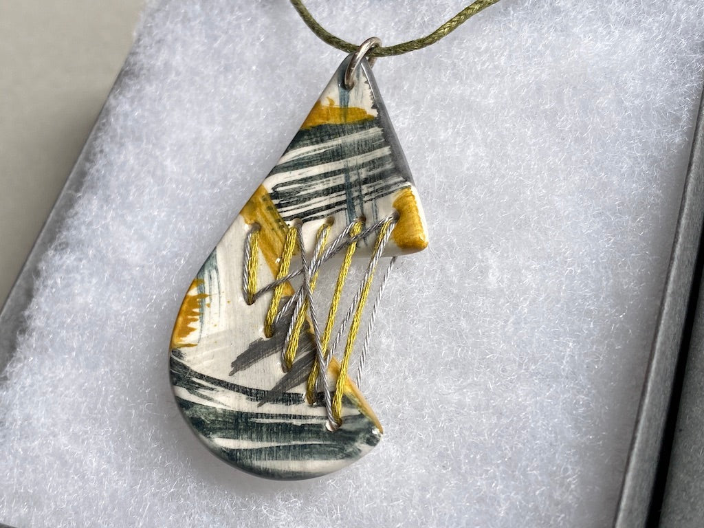 Handmade Ceramic Pendant Necklace Tear Drop - Grey, Black & Ochre *reduced