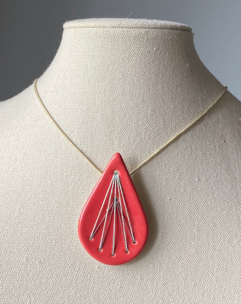 Handmade Ceramic Pendant Necklace- Tear Drop Shape in Deep Rich Rose