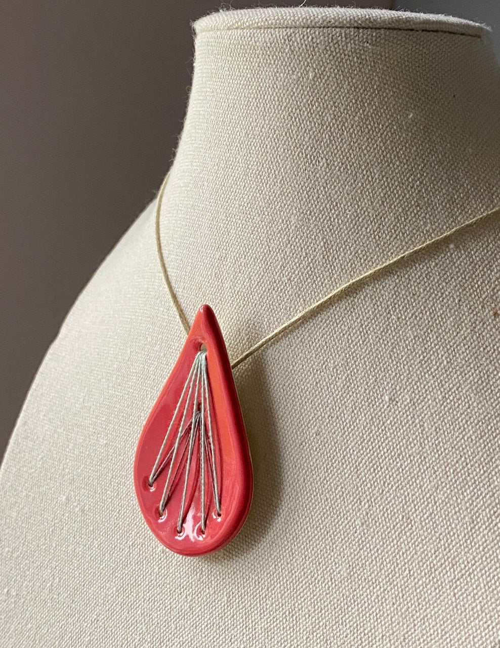 Handmade Ceramic Pendant Necklace- Tear Drop Shape in Deep Rich Rose