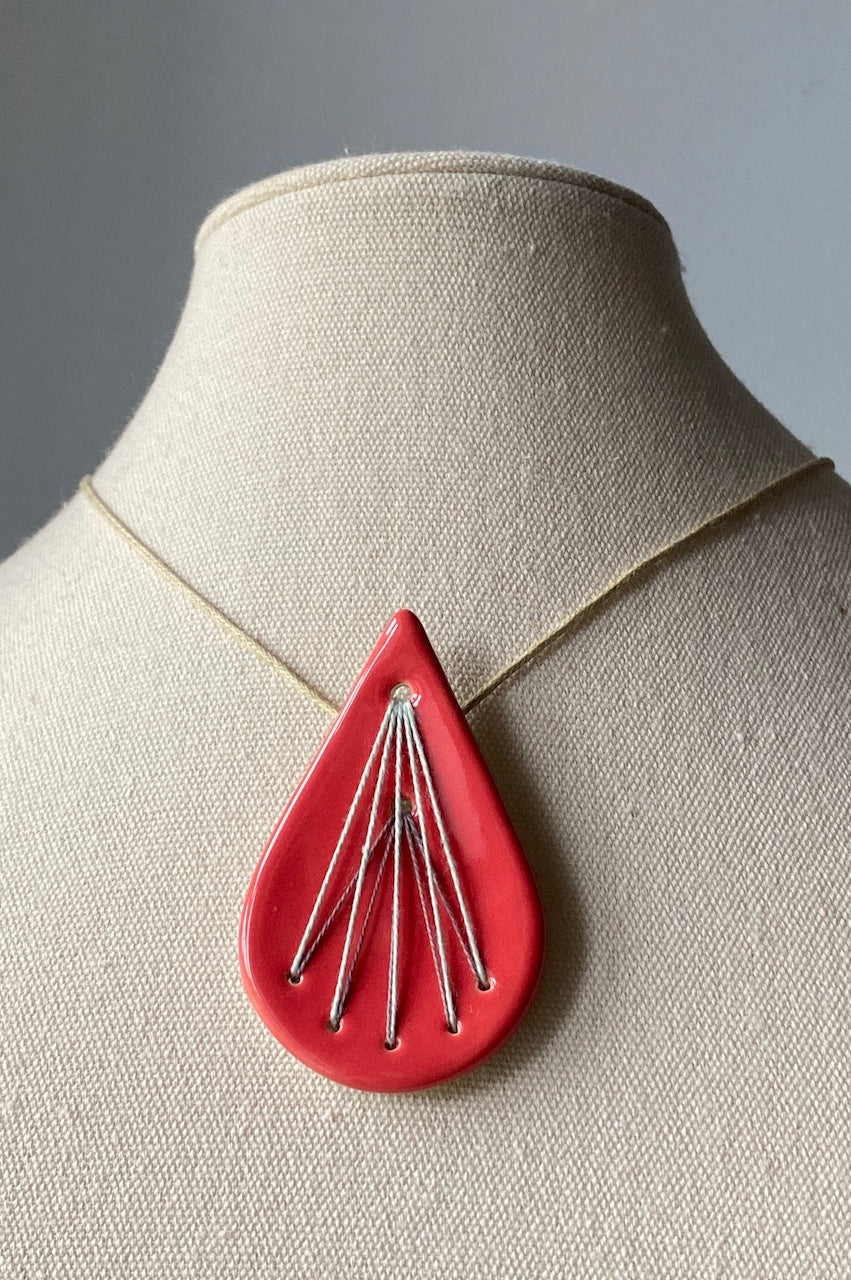 Handmade Ceramic Pendant Necklace- Tear Drop Shape in Deep Rich Rose