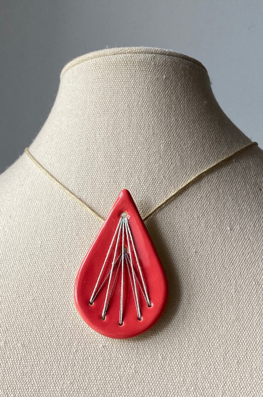 Handmade Ceramic Pendant Necklace- Tear Drop Shape in Deep Rich Rose