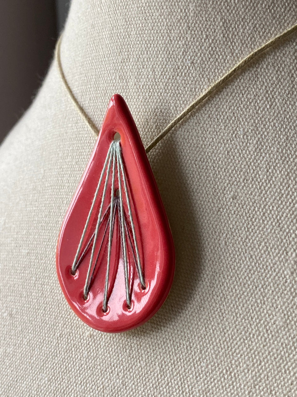 Handmade Ceramic Pendant Necklace- Tear Drop Shape in Deep Rich Rose