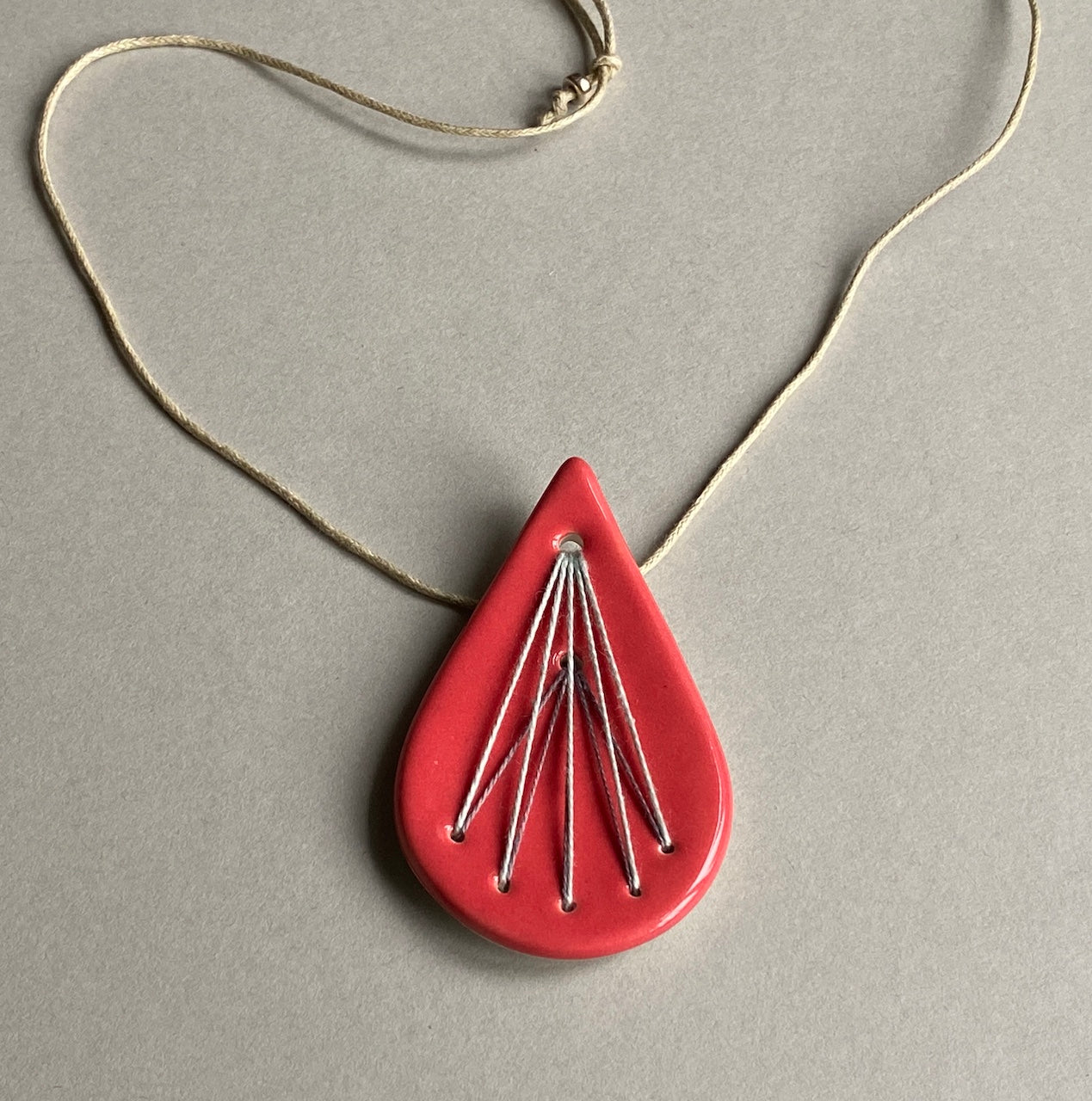 Handmade Ceramic Pendant Necklace- Tear Drop Shape in Deep Rich Rose