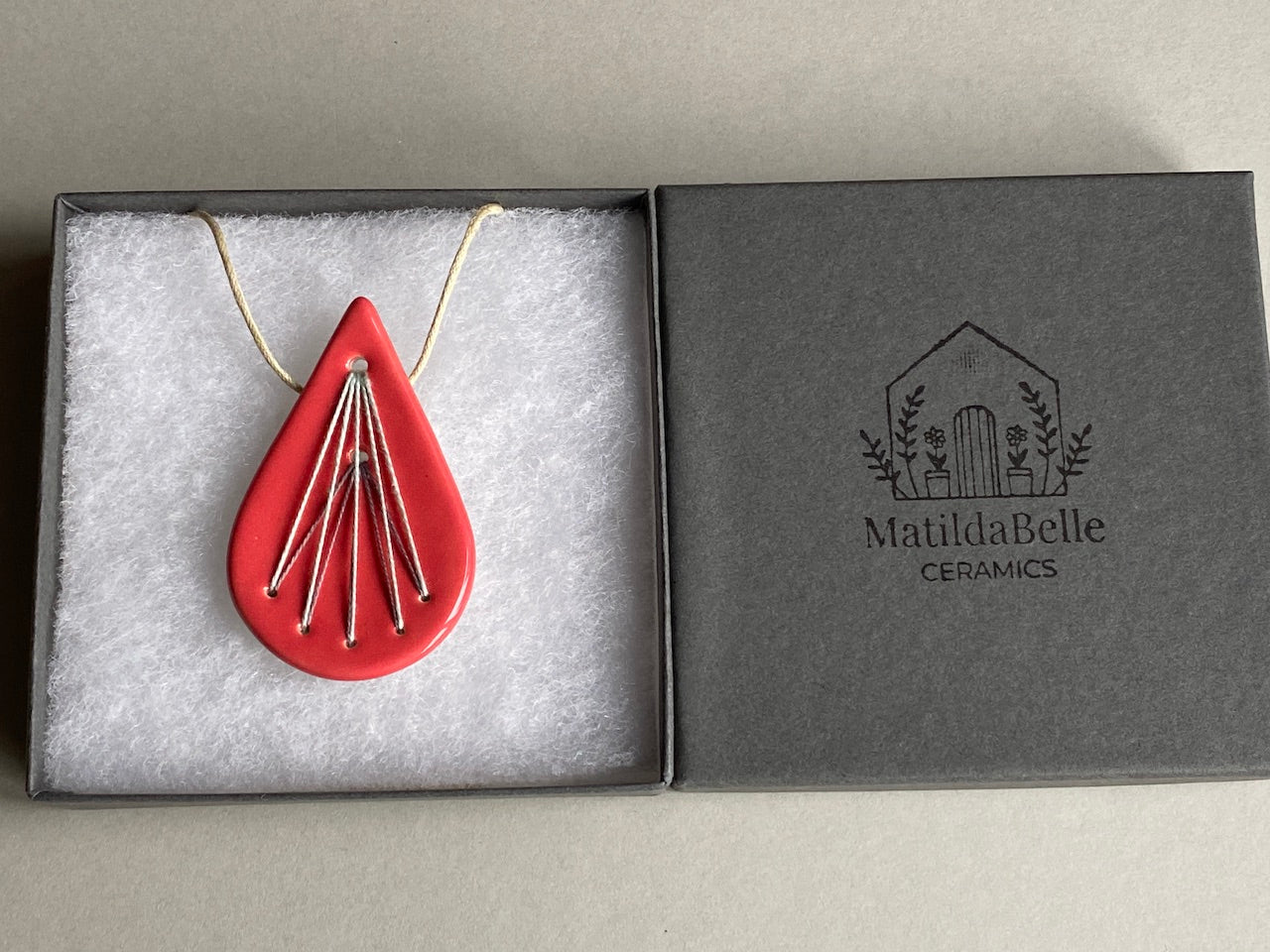 Handmade Ceramic Pendant Necklace- Tear Drop Shape in Deep Rich Rose