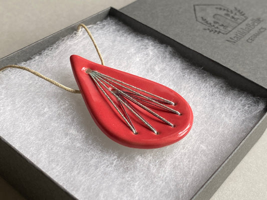 Handmade Ceramic Pendant Necklace- Tear Drop Shape in Deep Rich Rose