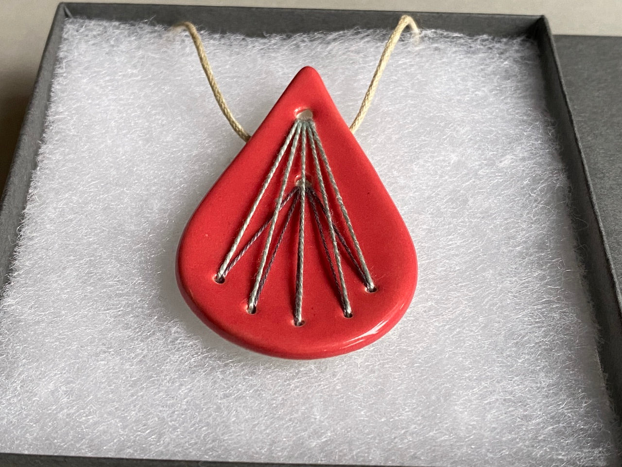 Handmade Ceramic Pendant Necklace- Tear Drop Shape in Deep Rich Rose