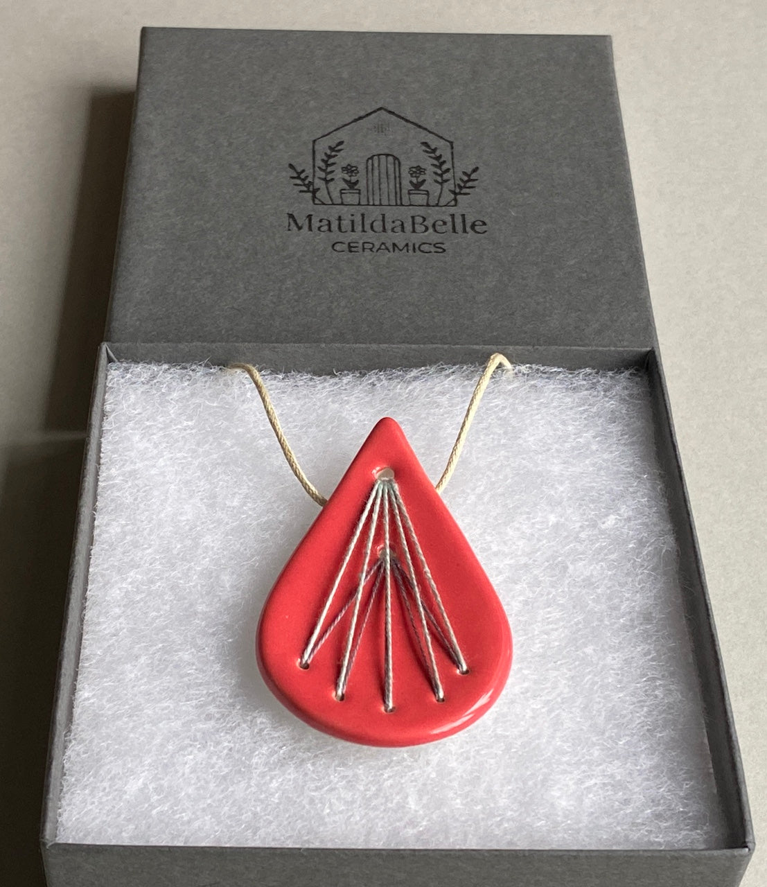 Handmade Ceramic Pendant Necklace- Tear Drop Shape in Deep Rich Rose