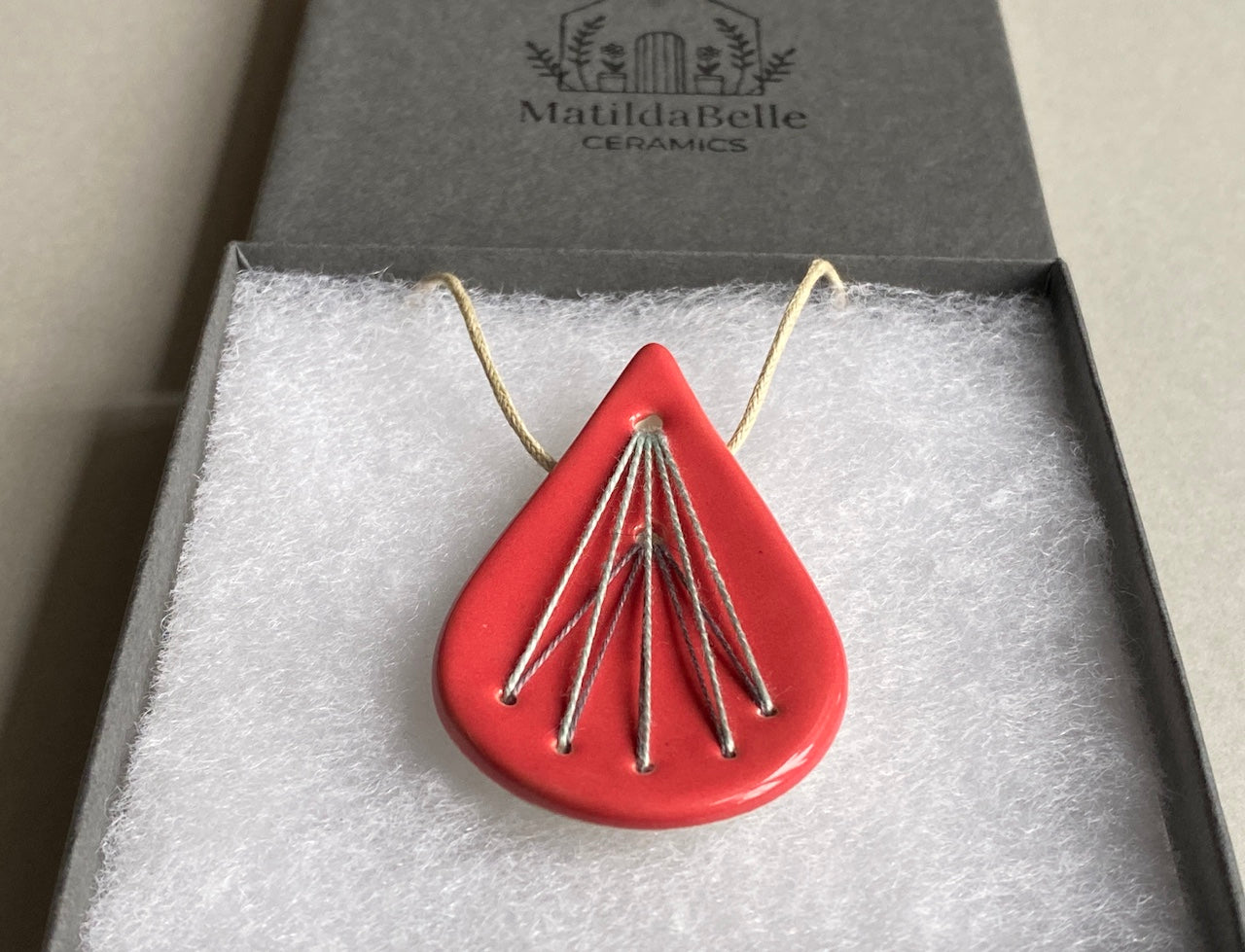 Handmade Ceramic Pendant Necklace- Tear Drop Shape in Deep Rich Rose