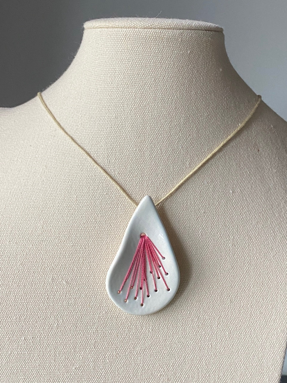 Handmade Pendant Necklace Ceramic Tear Drop, hot pink