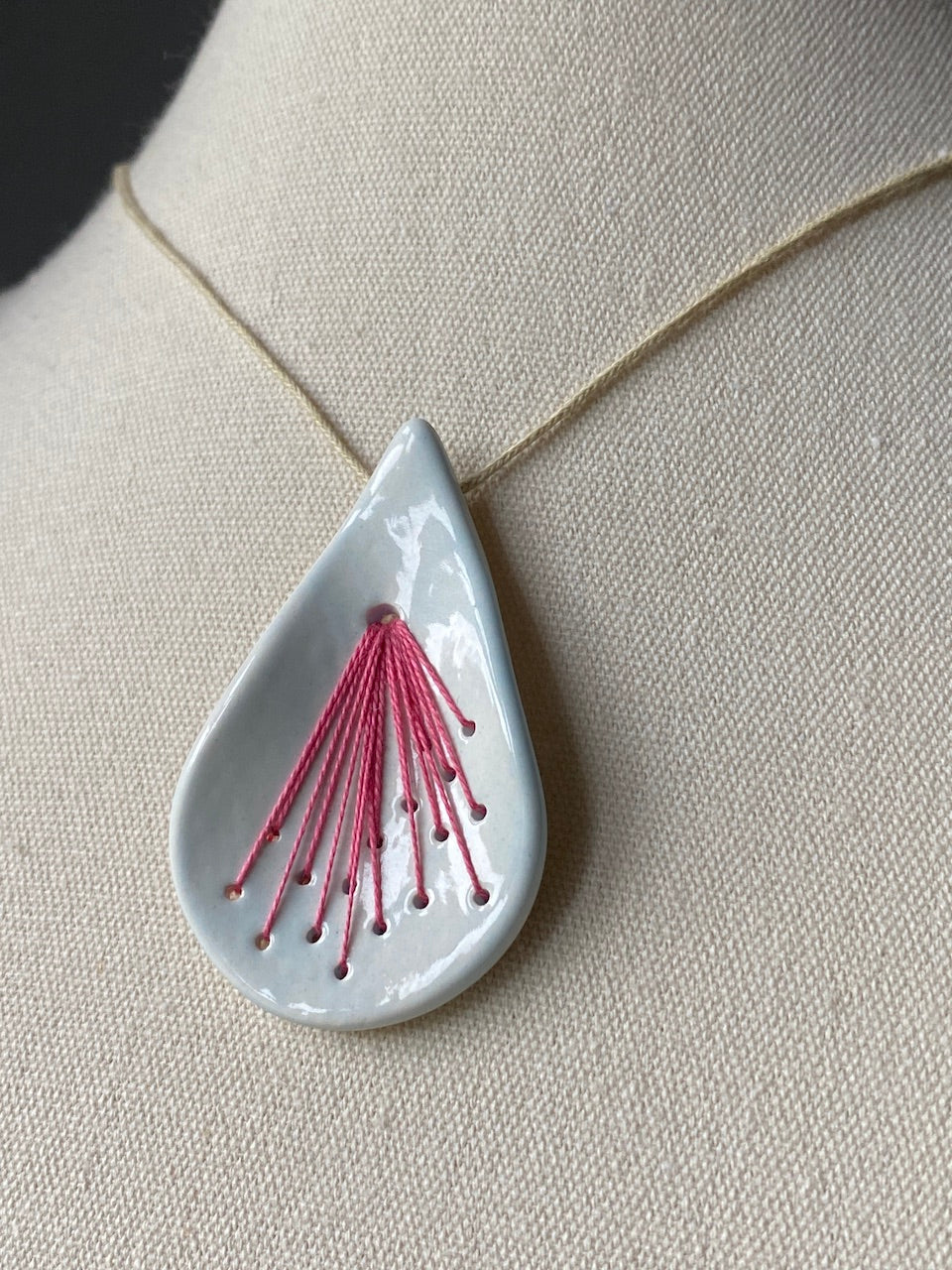 Handmade Pendant Necklace Ceramic Tear Drop, hot pink