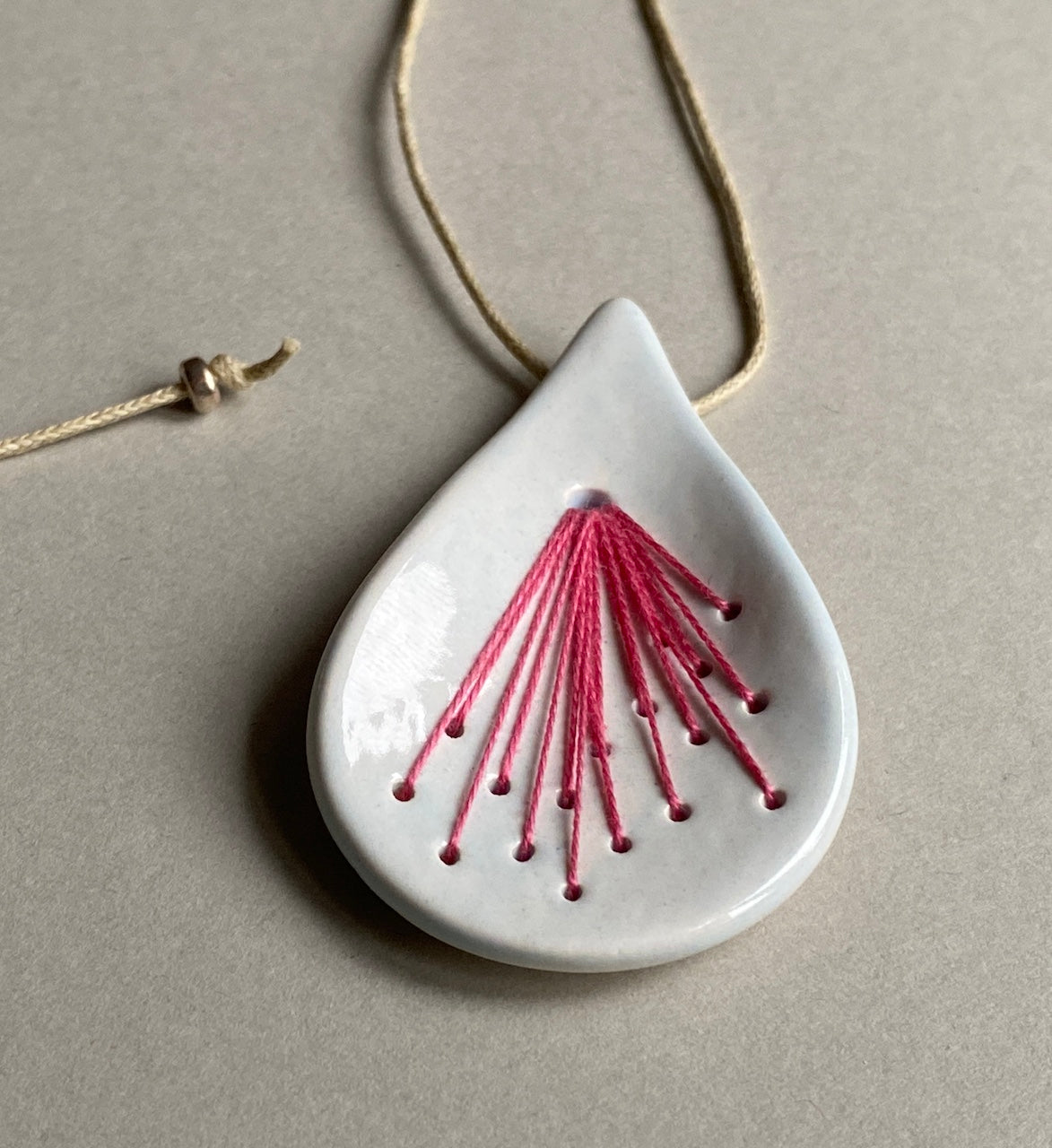 Handmade Pendant Necklace Ceramic Tear Drop, hot pink