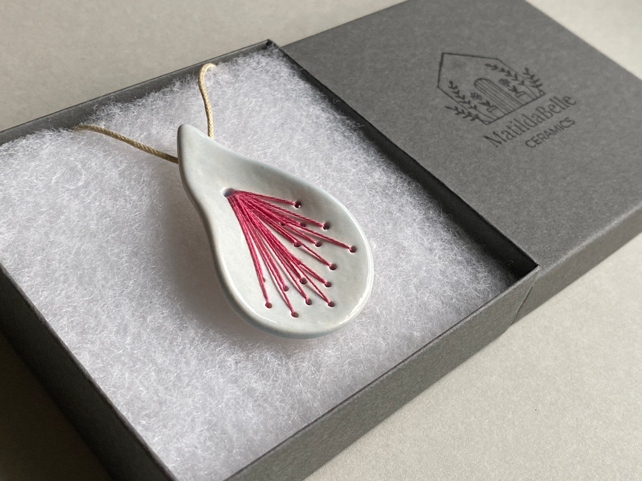 Handmade Pendant Necklace Ceramic Tear Drop, hot pink