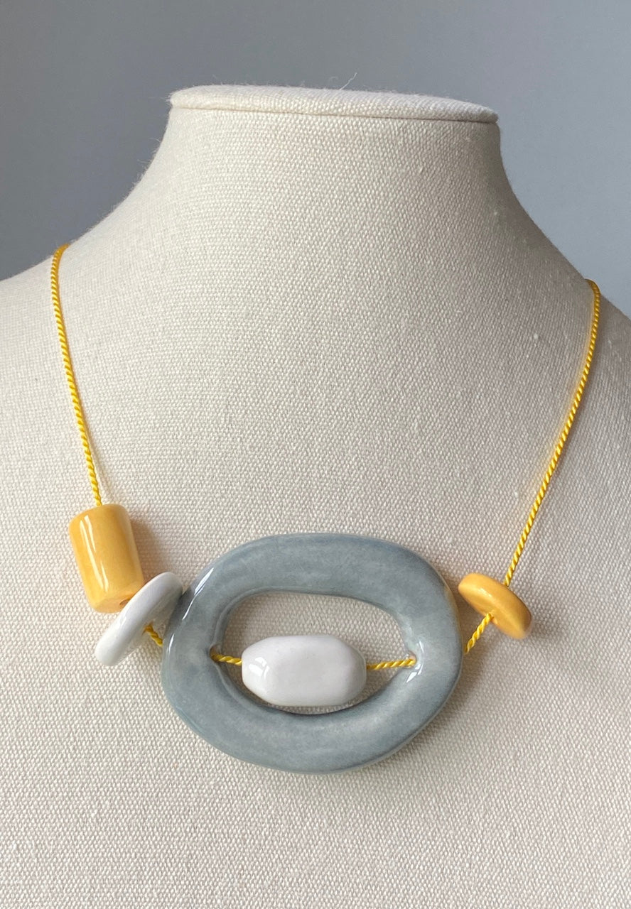 Handmade Ceramic Bead Necklace - Yellow, White & Grey Beads