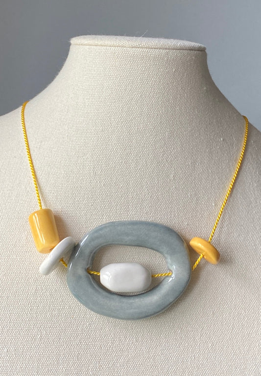 Handmade Ceramic Bead Necklace - Yellow, White & Grey Beads