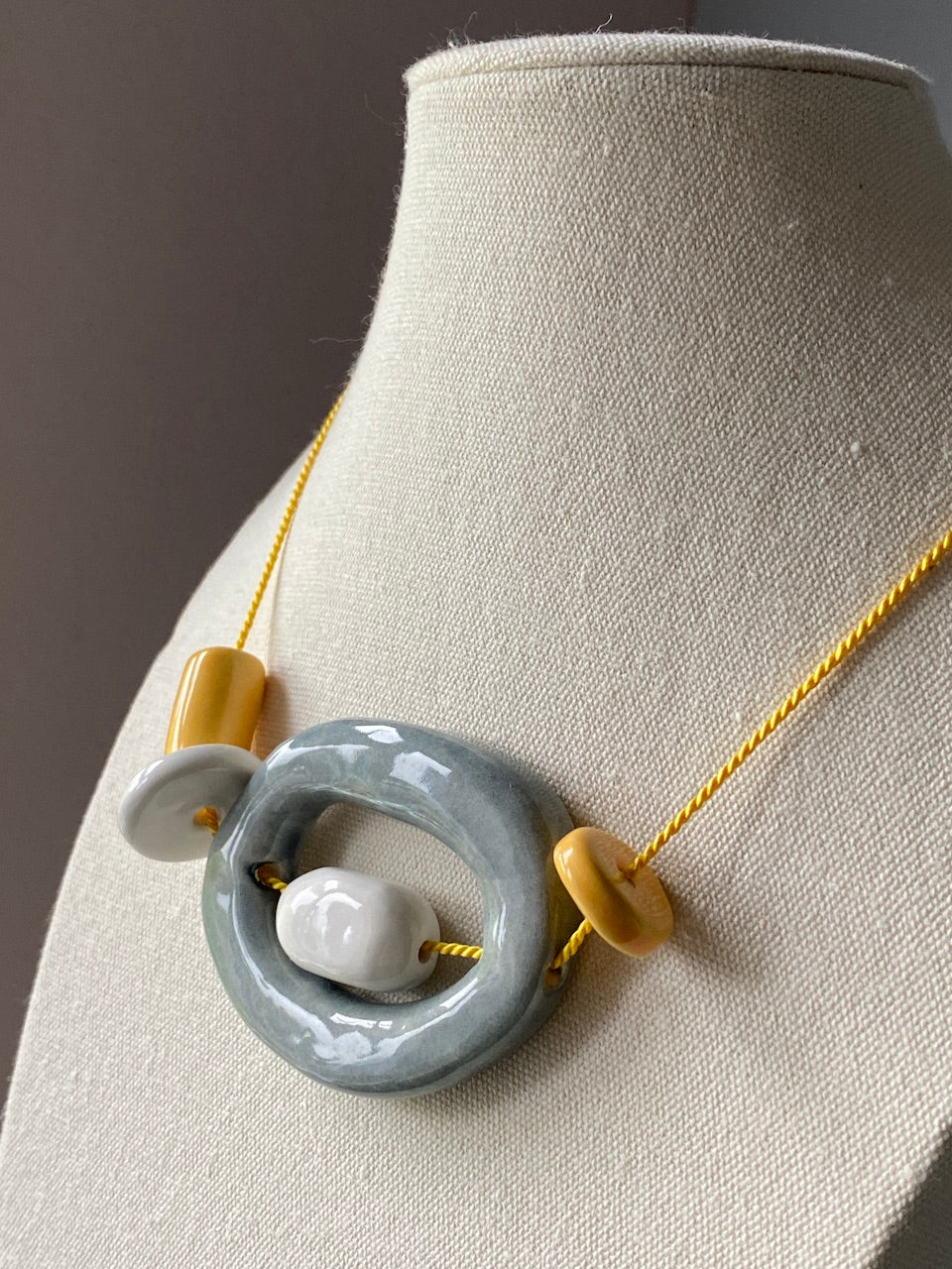 Handmade Ceramic Bead Necklace - Yellow, White & Grey Beads