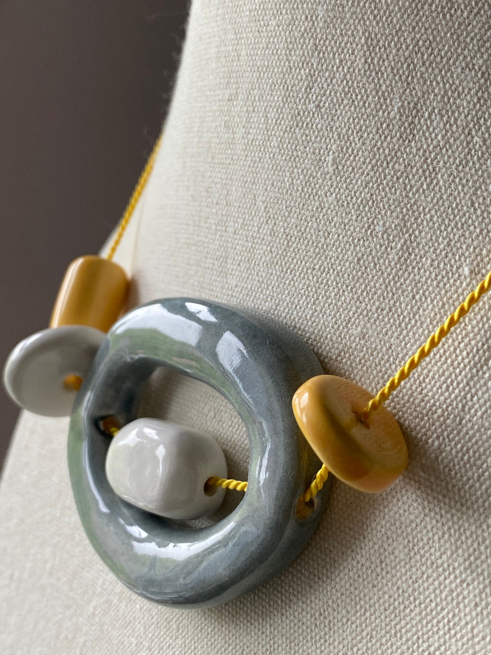 Handmade Ceramic Bead Necklace - Yellow, White & Grey Beads