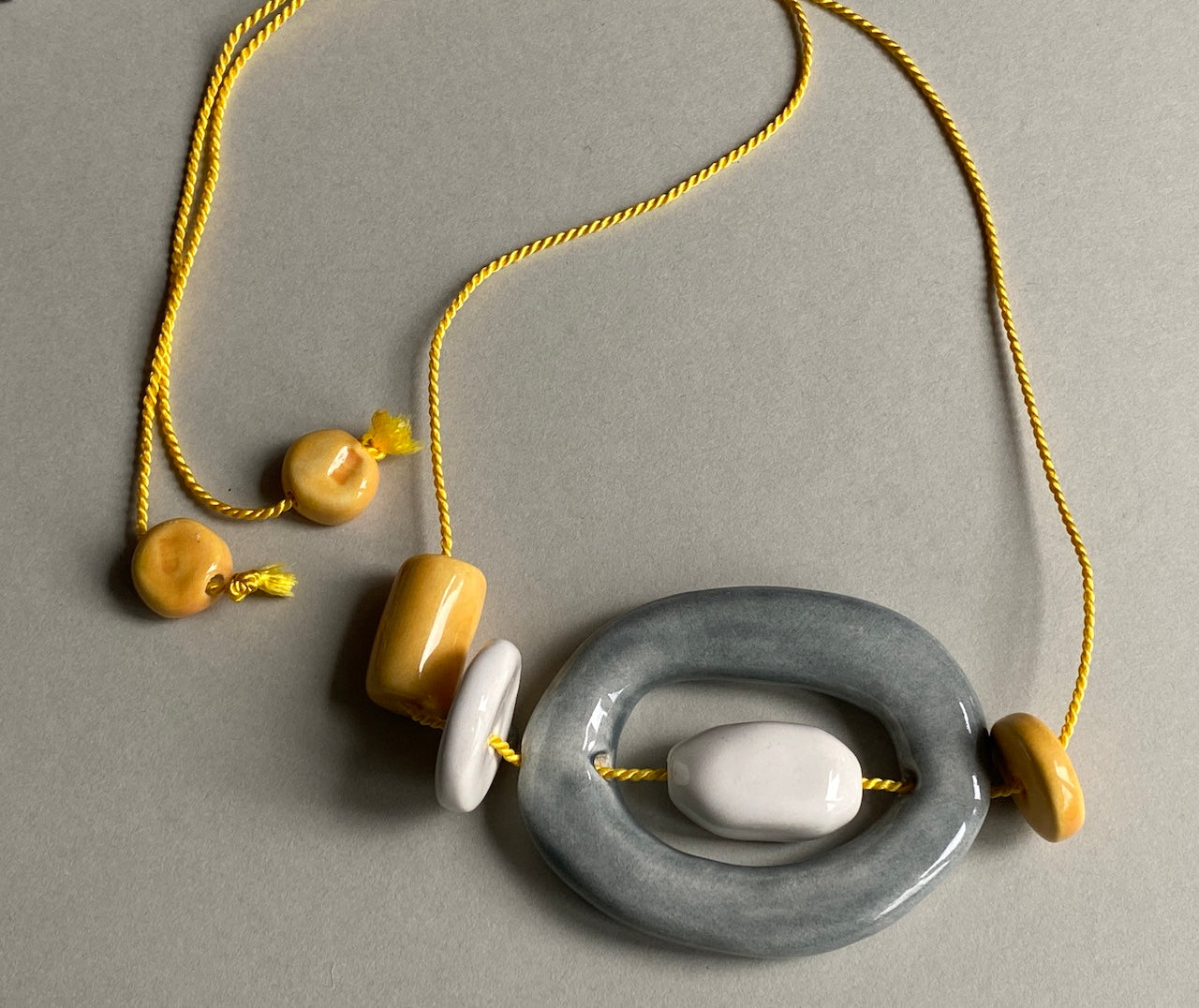 Handmade Ceramic Bead Necklace - Yellow, White & Grey Beads