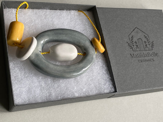 Handmade Ceramic Bead Necklace - Yellow, White & Grey Beads