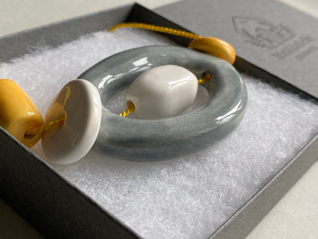 Handmade Ceramic Bead Necklace - Yellow, White & Grey Beads