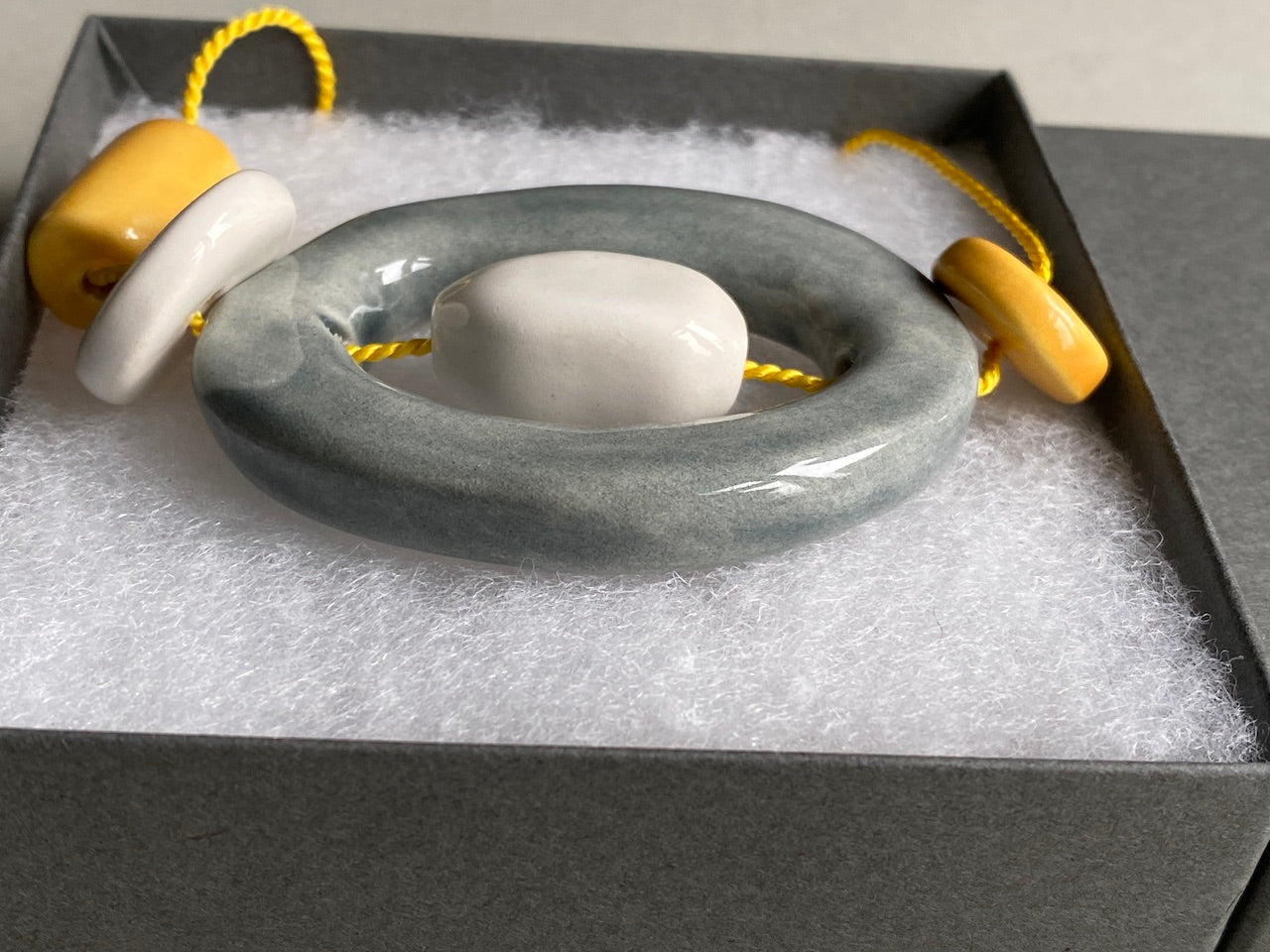 Handmade Ceramic Bead Necklace - Yellow, White & Grey Beads