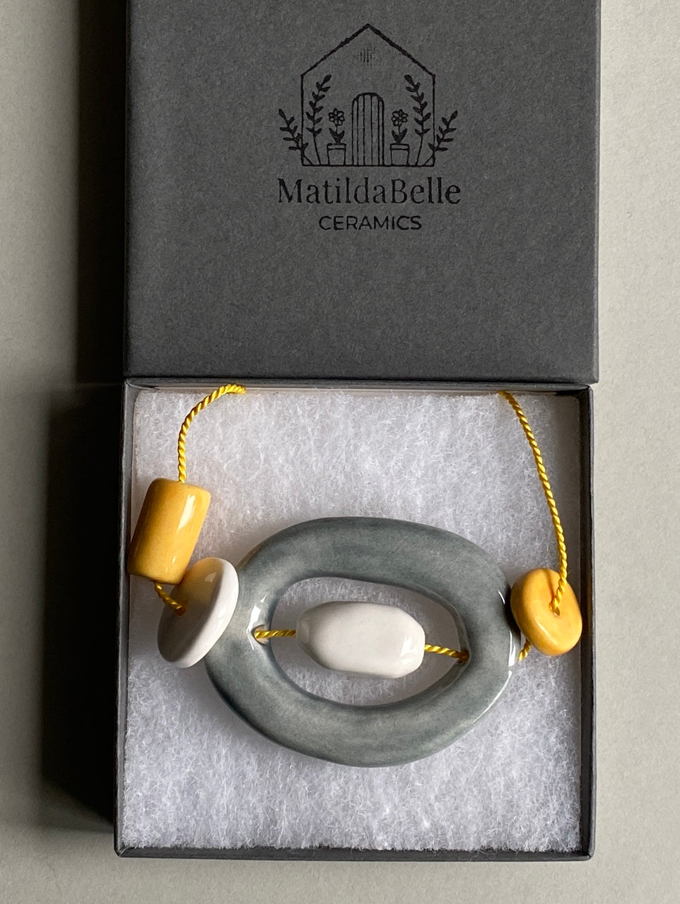 Handmade Ceramic Bead Necklace - Yellow, White & Grey Beads