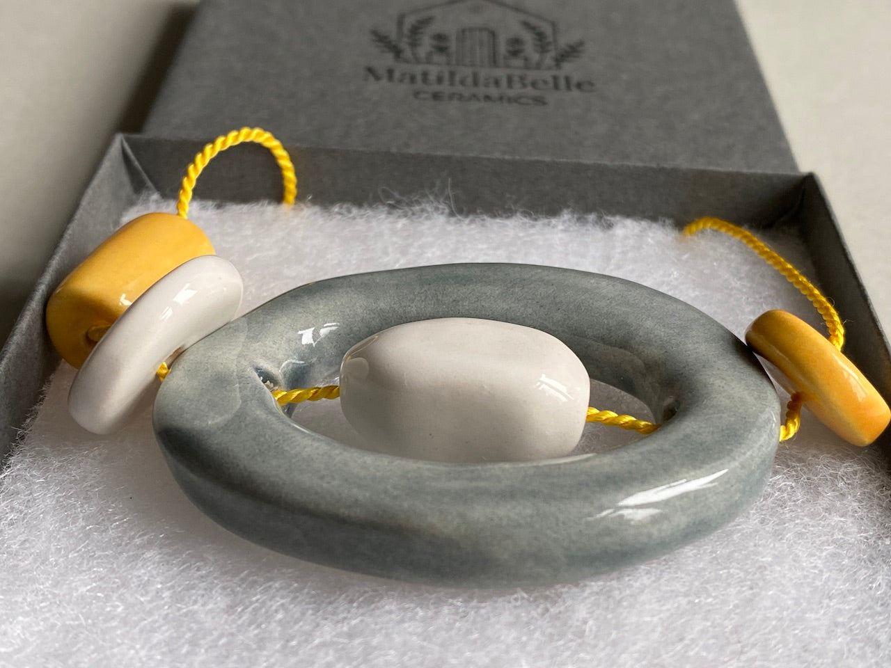 Handmade Ceramic Bead Necklace - Yellow, White & Grey Beads