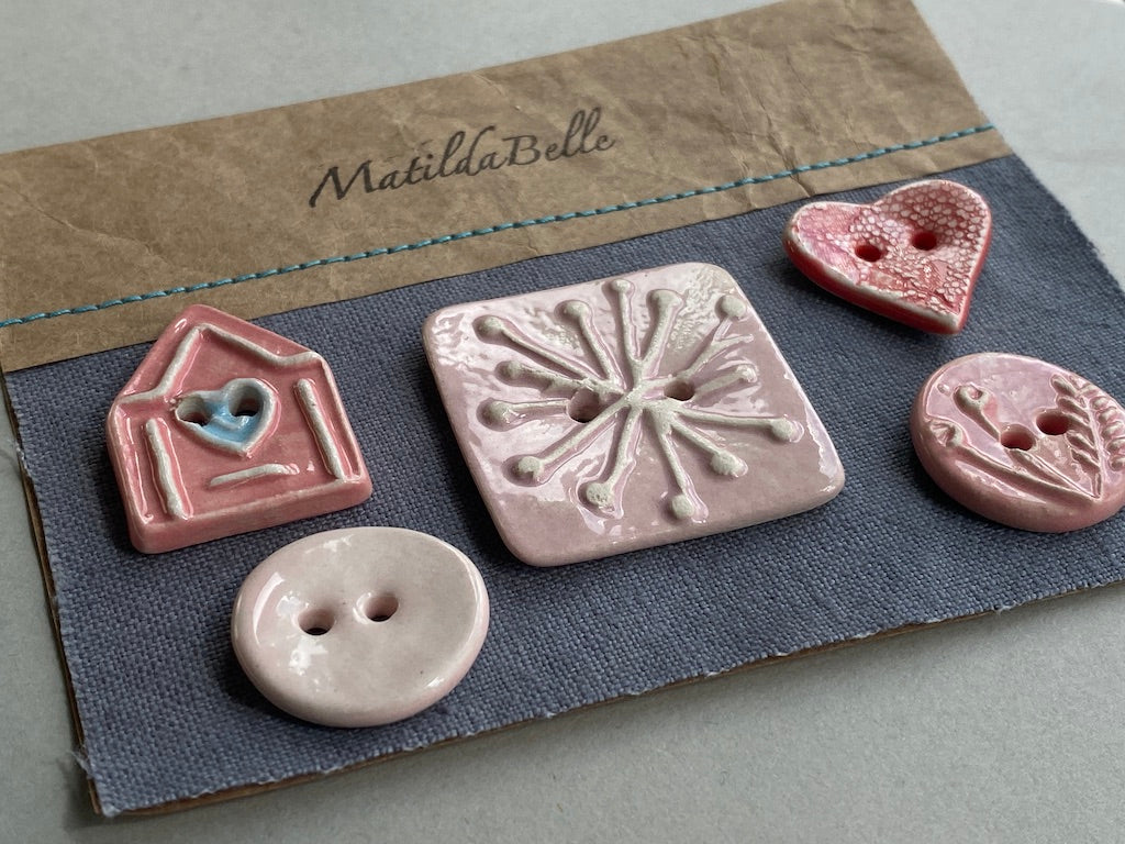 Ceramic Pink Buttons handmade set of Five mixed