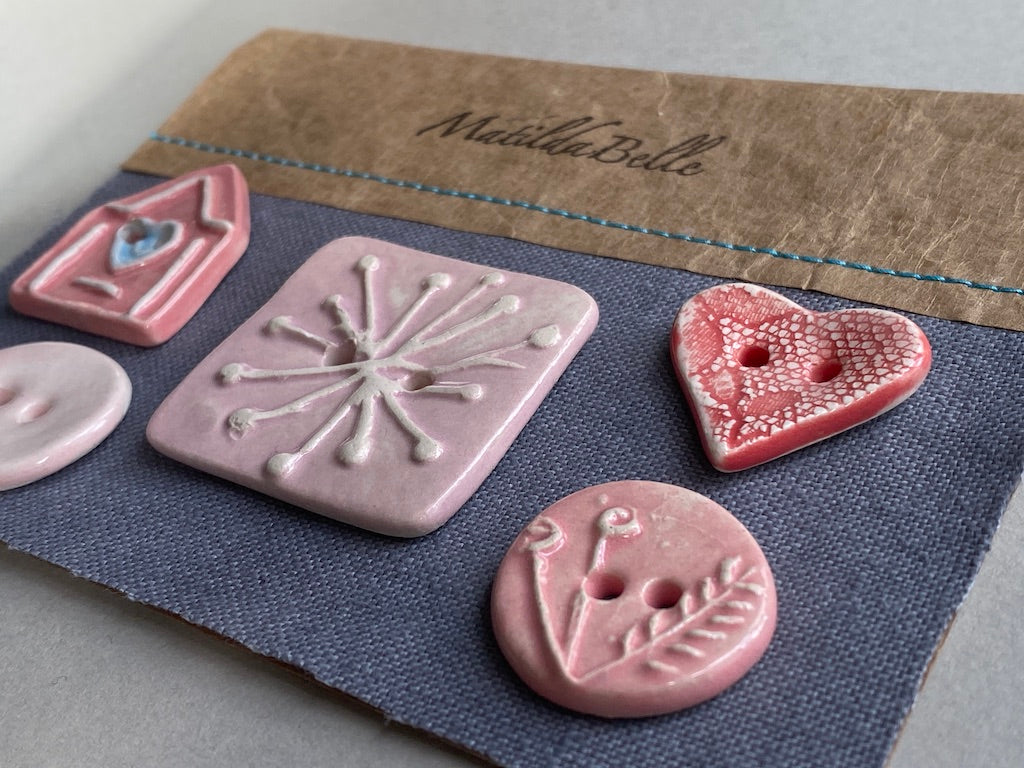 Ceramic Pink Buttons handmade set of Five mixed