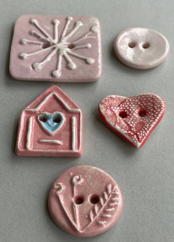 Ceramic Pink Buttons handmade set of Five mixed