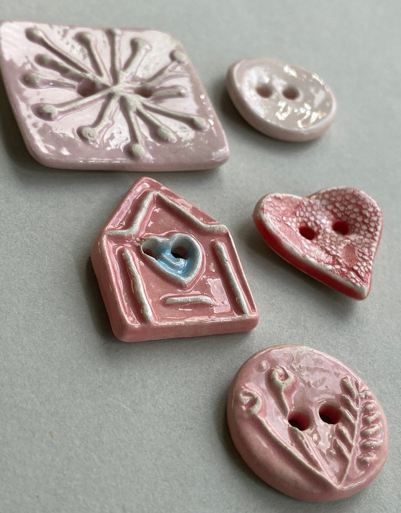 Ceramic Pink Buttons handmade set of Five mixed