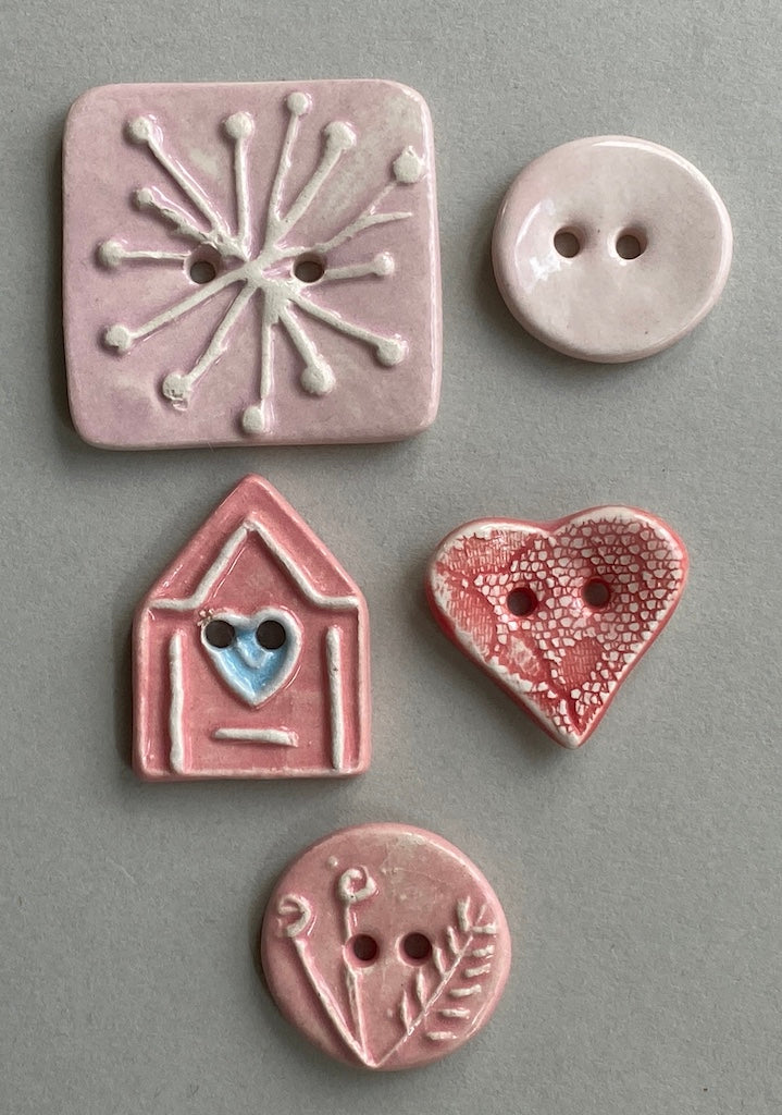 Ceramic Pink Buttons handmade set of Five mixed