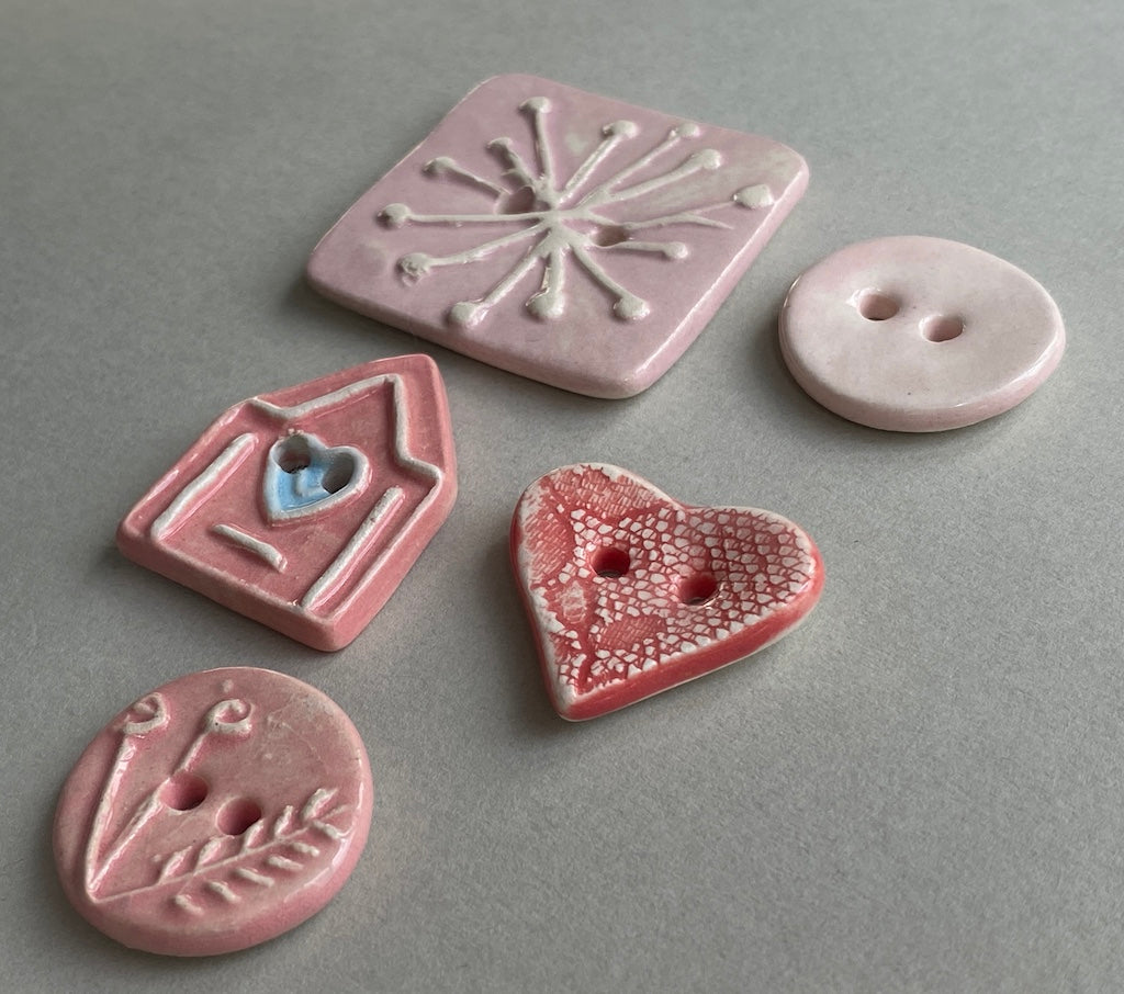 Ceramic Pink Buttons handmade set of Five mixed