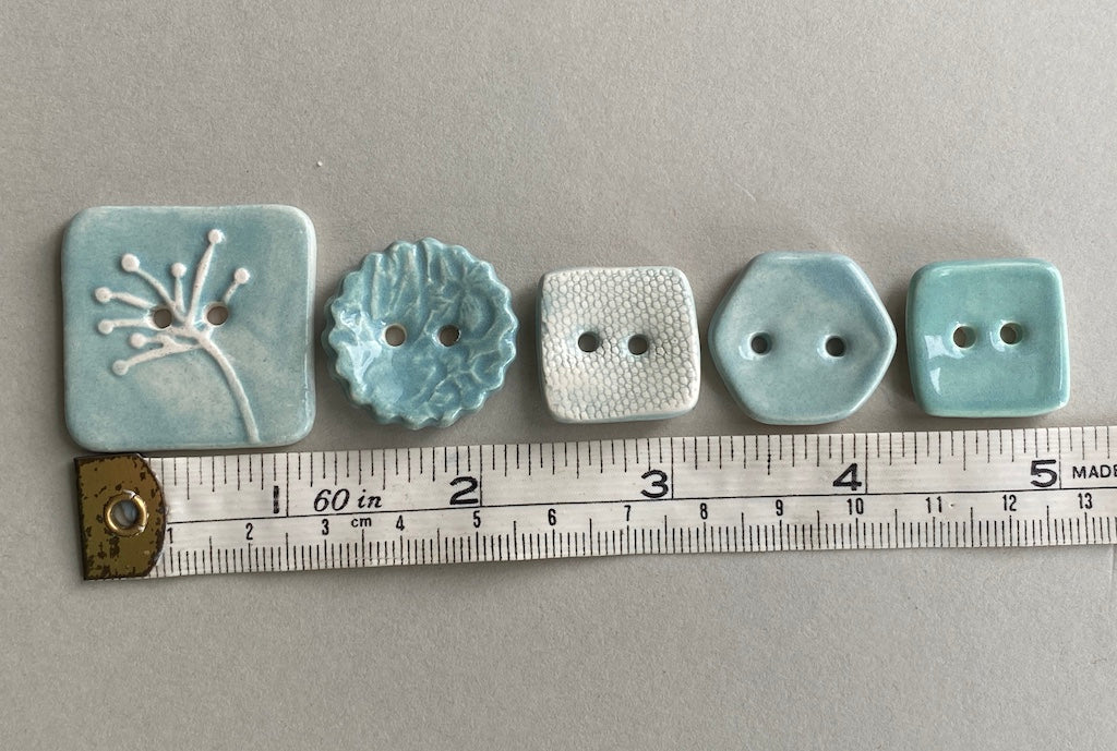 Pottery Handmade Buttons mixed set of five blues and greens