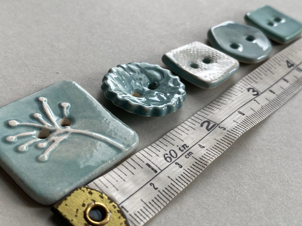 Pottery Handmade Buttons mixed set of five blues and greens