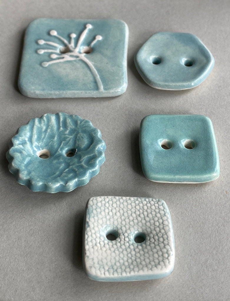 Pottery Handmade Buttons mixed set of five blues and greens