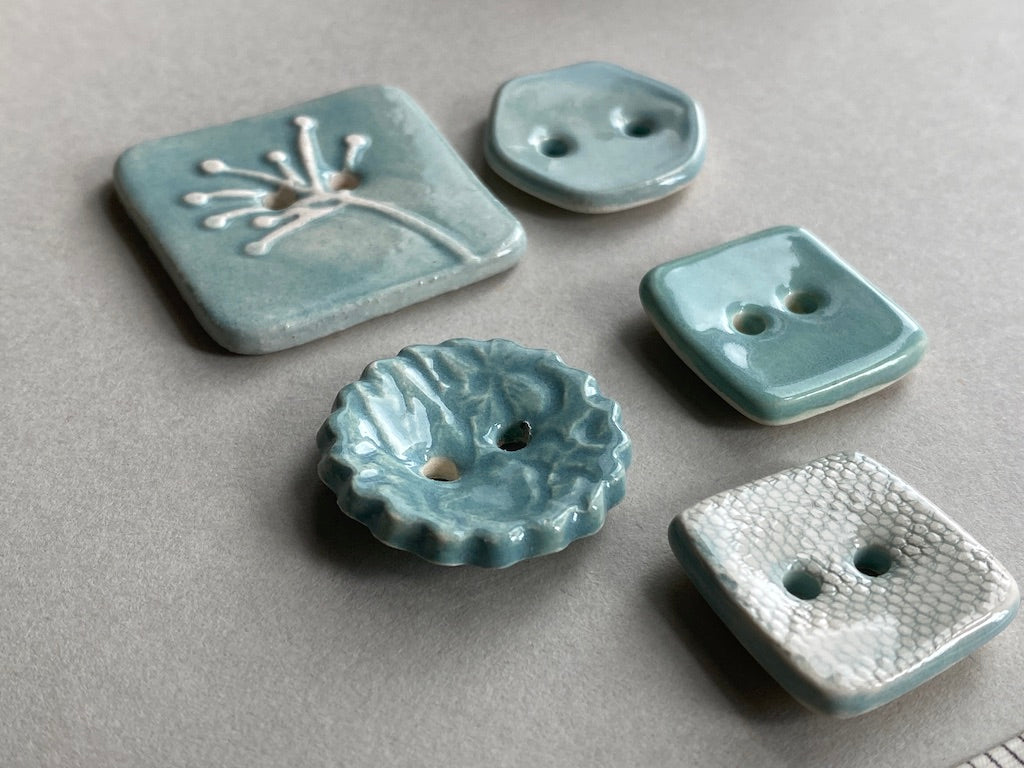 Pottery Handmade Buttons mixed set of five blues and greens